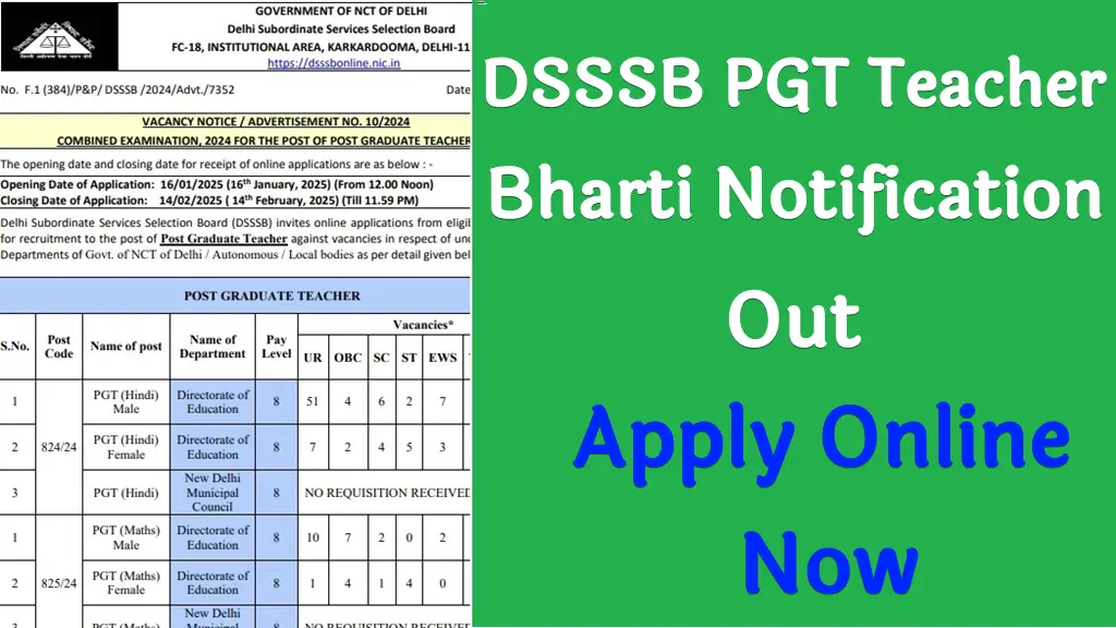 DSSSB PGT Teacher Online Form 2025